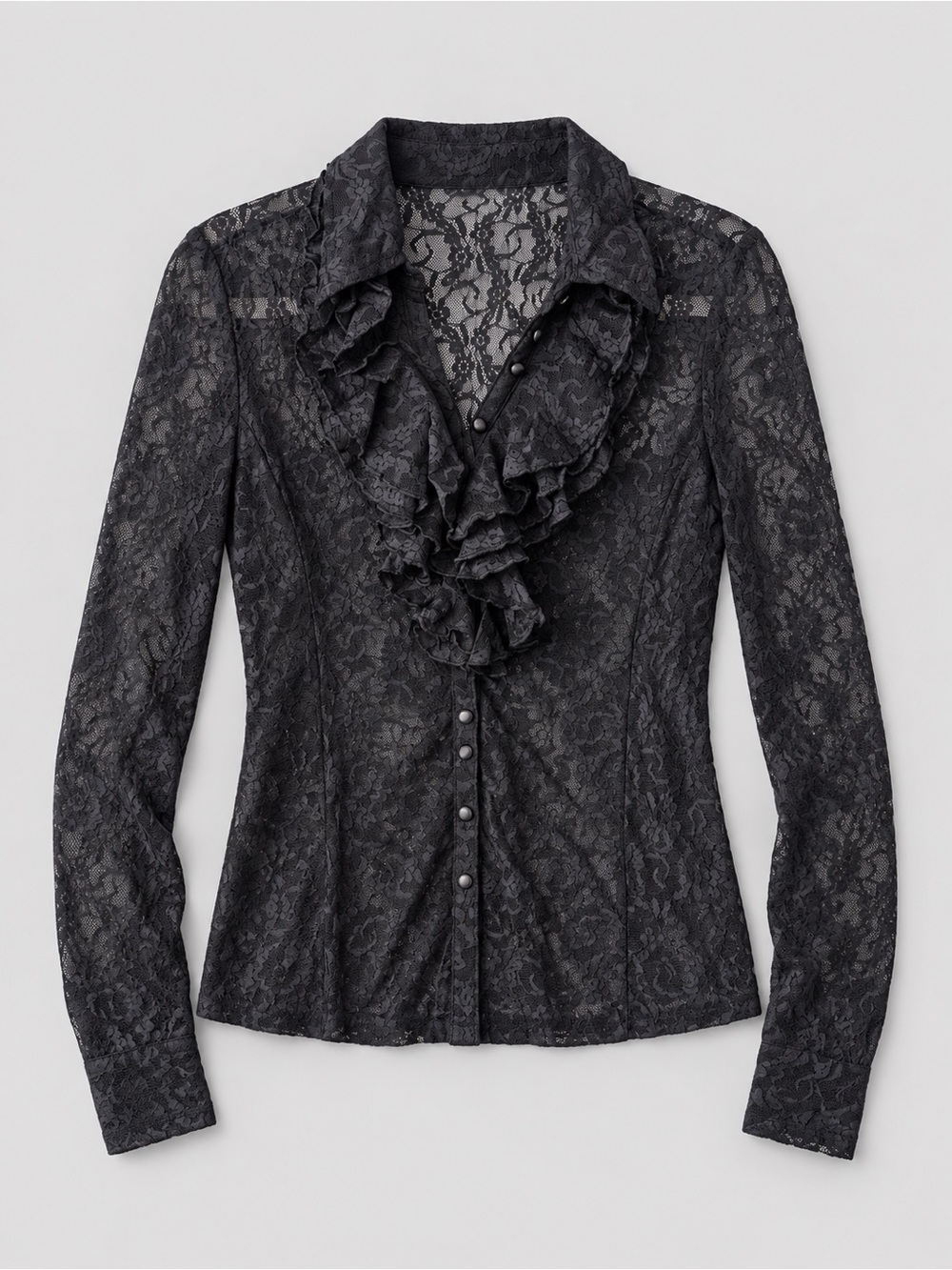 VTG Mexx Sheer Black Lace Ruffle Button Front Blouse Medium Y2K